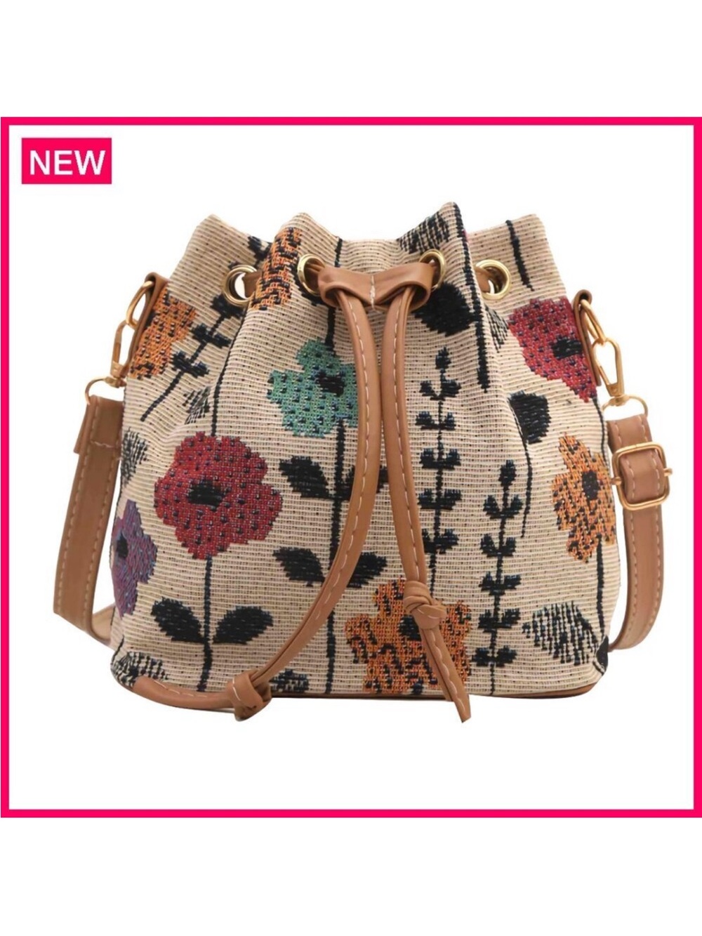 Mini Floral Embroidery Bucket Bag, Adjustable Strap, Drawstring Closure, Boho